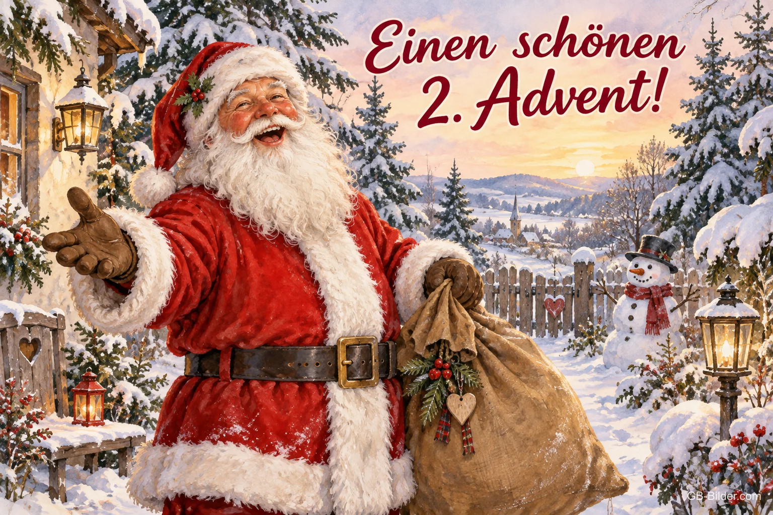 Lachender Weihnachtsmann mit Sack vor einem verschneiten Dorf, Schneemann, Text: Einen schönen – 2. Advent! Lachender Weihnachtsmann mit Sack vor einem verschneiten Dorf, Schneemann, Text: Einen schönen – 2. Advent!