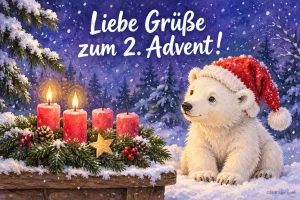 Eisbärjunges mit Weihnachtsmütze neben vier roten Kerzen, zwei brennen, Text: Liebe Grüße – zum 2. Advent!