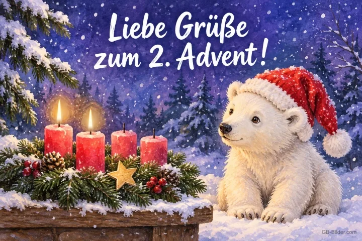 Eisbärjunges mit Weihnachtsmütze neben vier roten Kerzen, zwei brennen, Text: Liebe Grüße – zum 2. Advent! Eisbärjunges mit Weihnachtsmütze neben vier roten Kerzen, zwei brennen, Text: Liebe Grüße – zum 2. Advent!