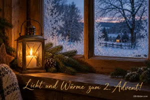 Leuchtende Laterne auf der Fensterbank vor Eisblumen und verschneiter Landschaft, Text: Licht und Wärme zum 2. Advent!