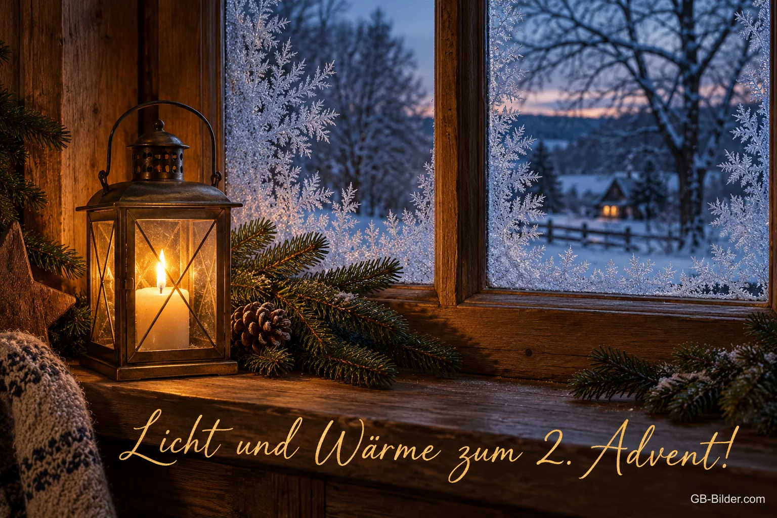 Leuchtende Laterne auf der Fensterbank vor Eisblumen und verschneiter Landschaft, Text: Licht und Wärme zum 2. Advent! Leuchtende Laterne auf der Fensterbank vor Eisblumen und verschneiter Landschaft, Text: Licht und Wärme zum 2. Advent!