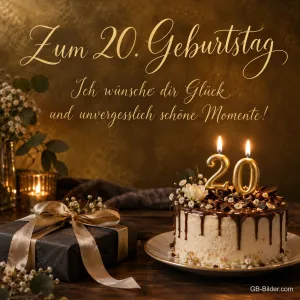 Schokoladentorte mit 20-Kerzen, Text: Zum 20. Geburtstag – Glück und unvergesslich schöne Momente!