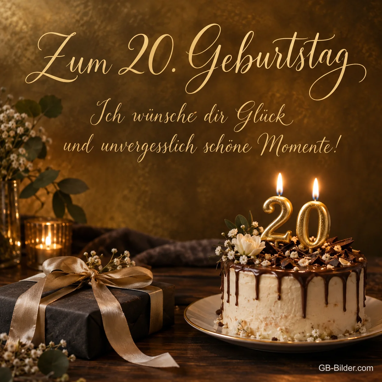 Schokoladentorte mit 20-Kerzen, Text: Zum 20. Geburtstag – Glück und unvergesslich schöne Momente!