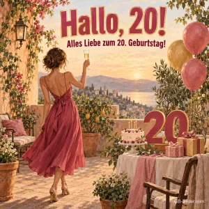 Junge Frau mit Glas auf einer Terrasse mit Luftballons, Text: Hallo, 20! Alles Liebe zum 20. Geburtstag!