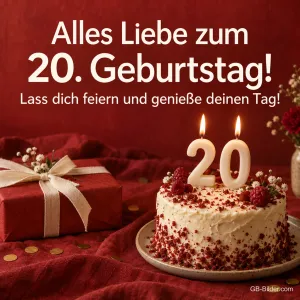 Torte mit 20-Kerzen auf rotem Samt, Text: Alles Liebe zum 20. Geburtstag!