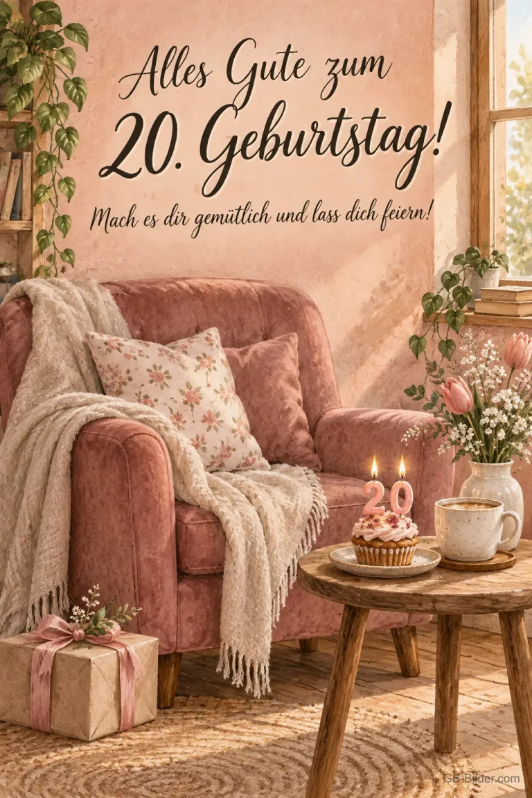 Rosa Sessel mit Cupcake und Tee, Text: Alles Gute zum 20. Geburtstag! Mach es dir gemütlich.
