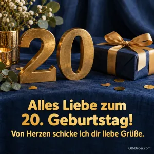 Goldene 20 mit Geschenk auf blauem Samt, Text: Alles Liebe zum 20. Geburtstag!
