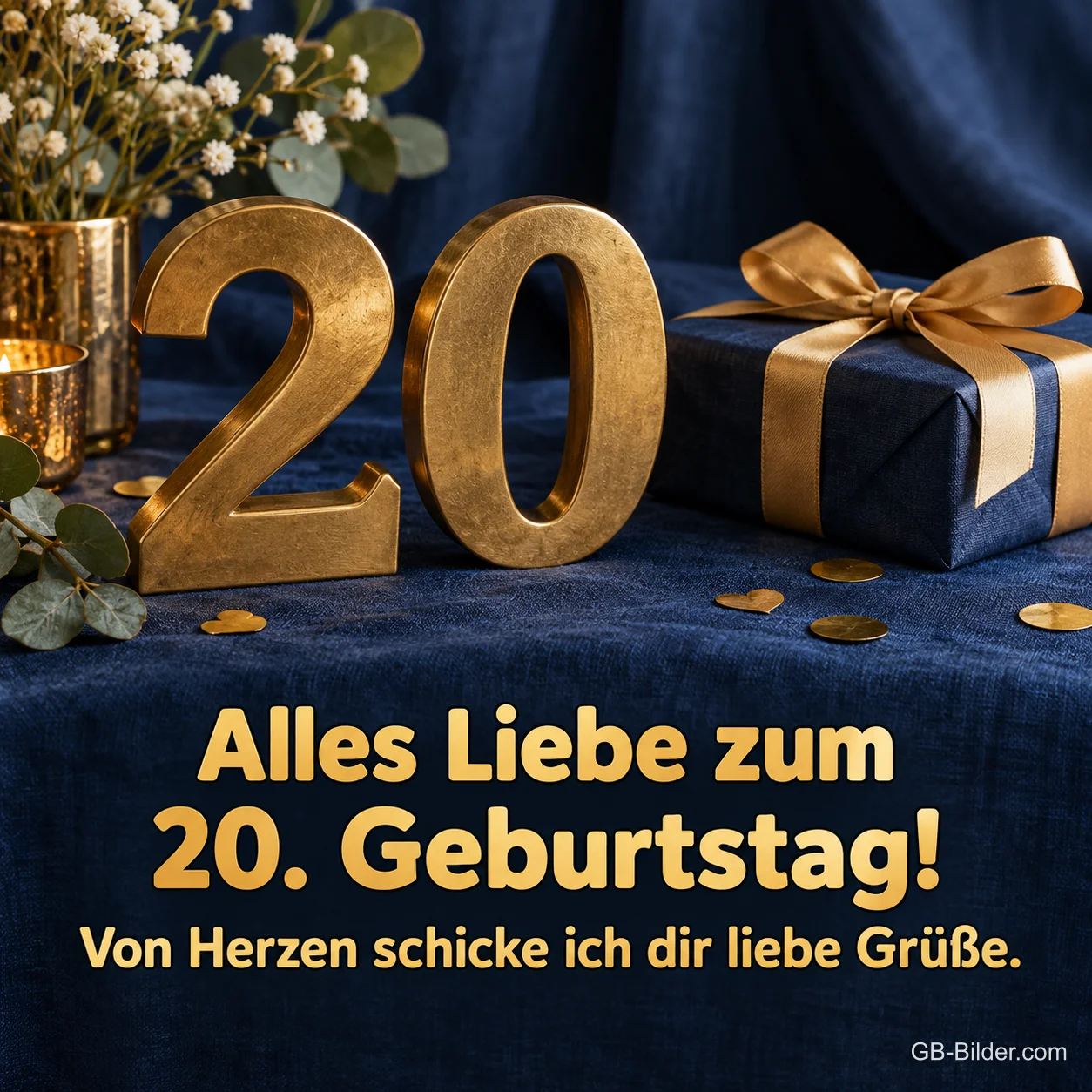 Goldene 20 mit Geschenk auf blauem Samt, Text: Alles Liebe zum 20. Geburtstag! Goldene 20 mit Geschenk auf blauem Samt, Text: Alles Liebe zum 20. Geburtstag!