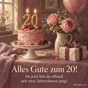 Rosa Torte mit 20-Kerzen und Rosen, Text: Alles Gute zum 20! Seit zwei Jahrzehnten jung!
