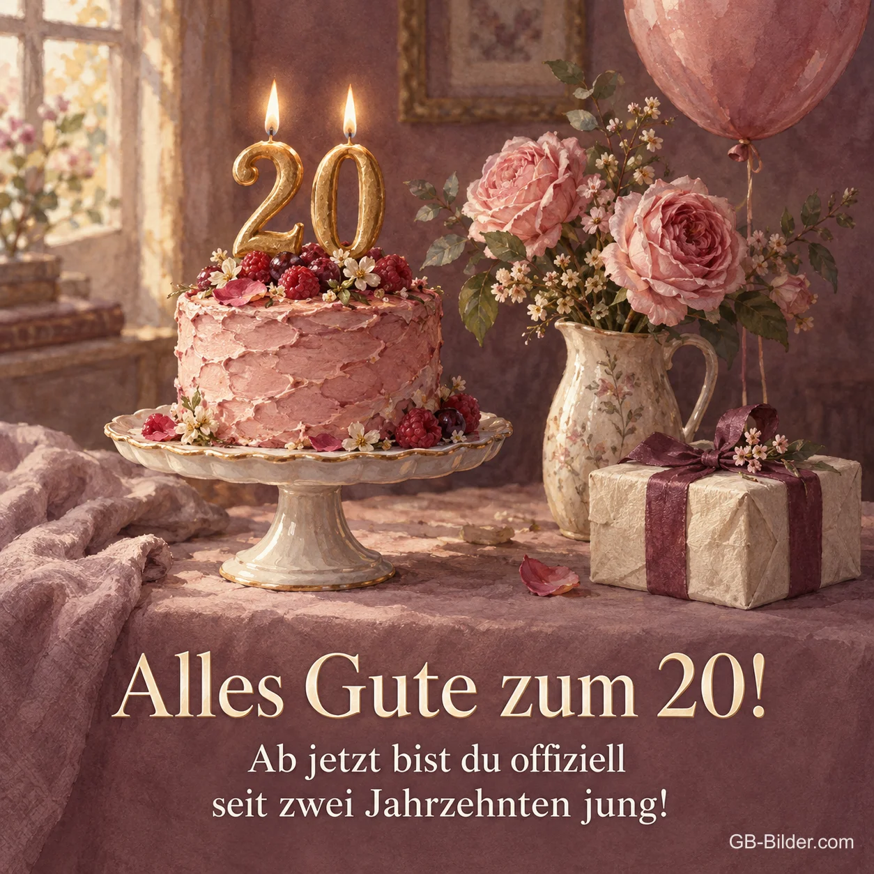 Rosa Torte mit 20-Kerzen und Rosen, Text: Alles Gute zum 20! Seit zwei Jahrzehnten jung!