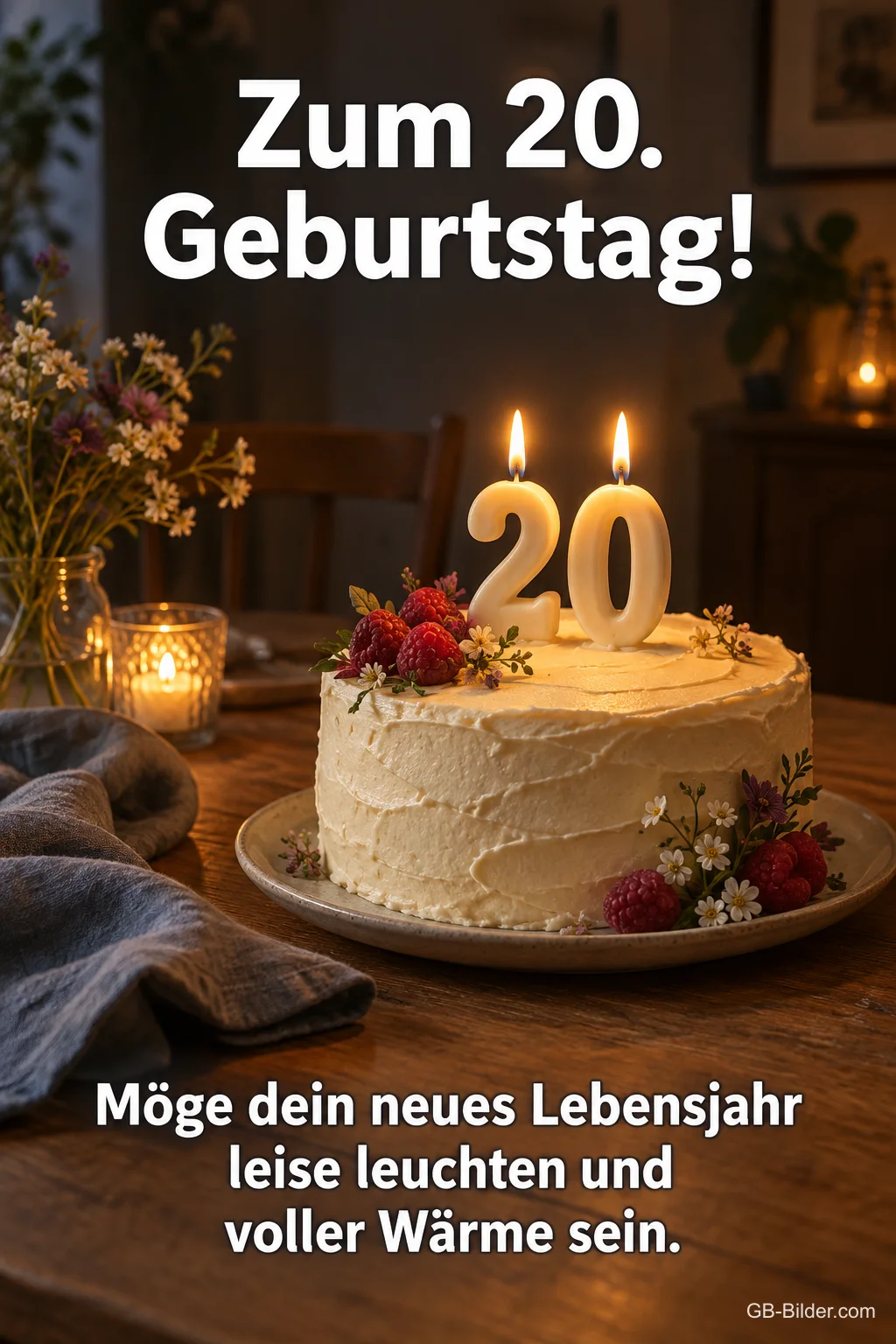 Weiße Torte mit 20-Kerzen im Kerzenlicht, Text: Zum 20. Geburtstag!