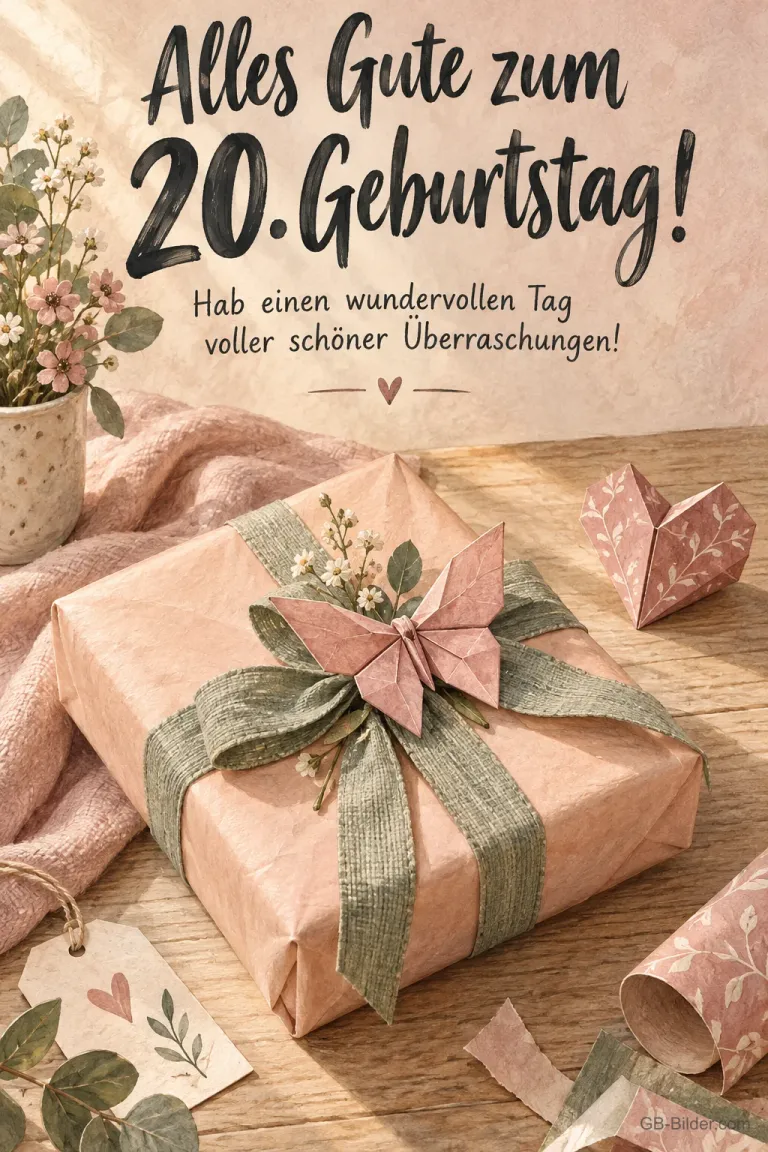Geschenk in rosa Papier, Text: Alles Gute zum 20. Geburtstag! Ein Tag voller schöner Überraschungen!