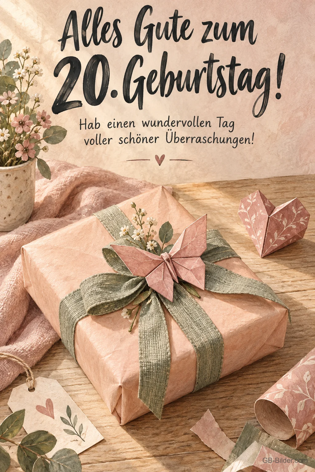Geschenk in rosa Papier, Text: Alles Gute zum 20. Geburtstag! Ein Tag voller schöner Überraschungen!