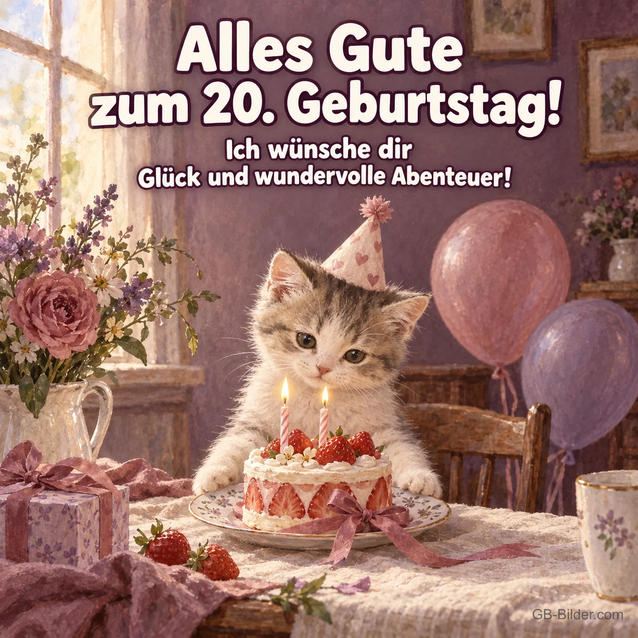 Kätzchen mit Partyhut vor Erdbeertorte, Text: Alles Gute zum 20. Geburtstag! Glück und wundervolle Abenteuer! Kätzchen mit Partyhut vor Erdbeertorte, Text: Alles Gute zum 20. Geburtstag! Glück und wundervolle Abenteuer!