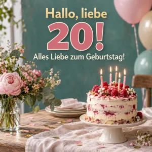 Himbeertorte mit Kerzen und Luftballons, Text: Hallo, liebe 20! Alles Liebe zum Geburtstag!