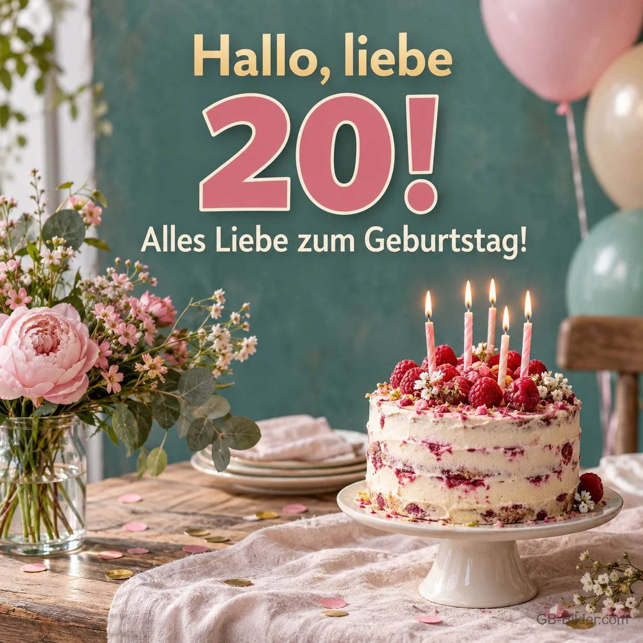 Himbeertorte mit Kerzen und Luftballons, Text: Hallo, liebe 20! Alles Liebe zum Geburtstag! Himbeertorte mit Kerzen und Luftballons, Text: Hallo, liebe 20! Alles Liebe zum Geburtstag!