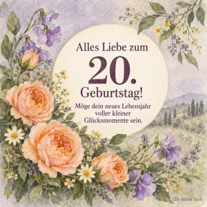 Rosen und Wildblumen in Aquarell, Text: Alles Liebe zum 20. Geburtstag!
