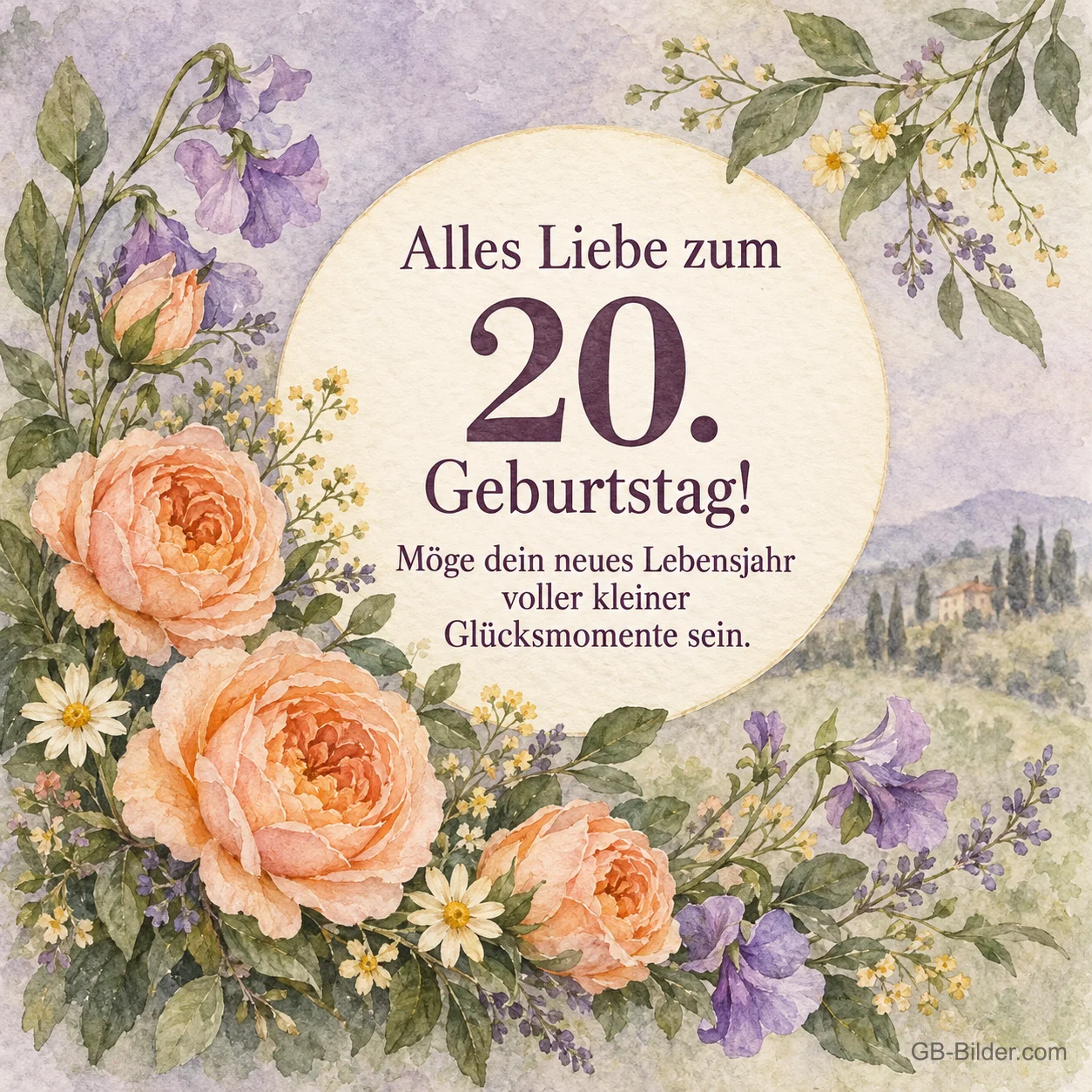 Rosen und Wildblumen in Aquarell, Text: Alles Liebe zum 20. Geburtstag! Rosen und Wildblumen in Aquarell, Text: Alles Liebe zum 20. Geburtstag!