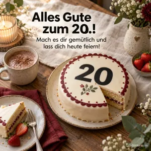 Torte mit der Zahl 20 und Kakao, Text: Alles Gute zum 20.! Mach es dir gemütlich und lass dich heute feiern!