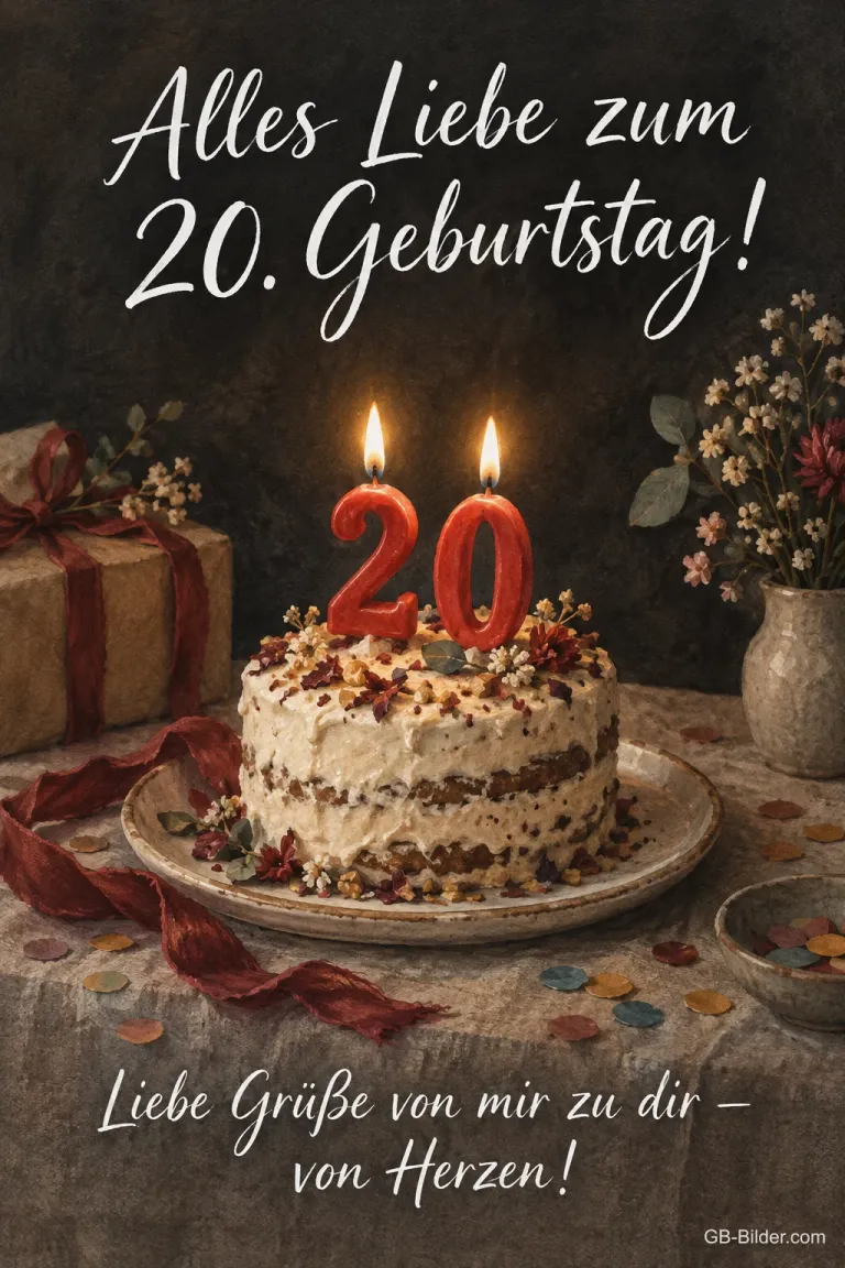 Torte mit roten 20-Kerzen, Text: Alles Liebe zum 20. Geburtstag! Liebe Grüße von Herzen!