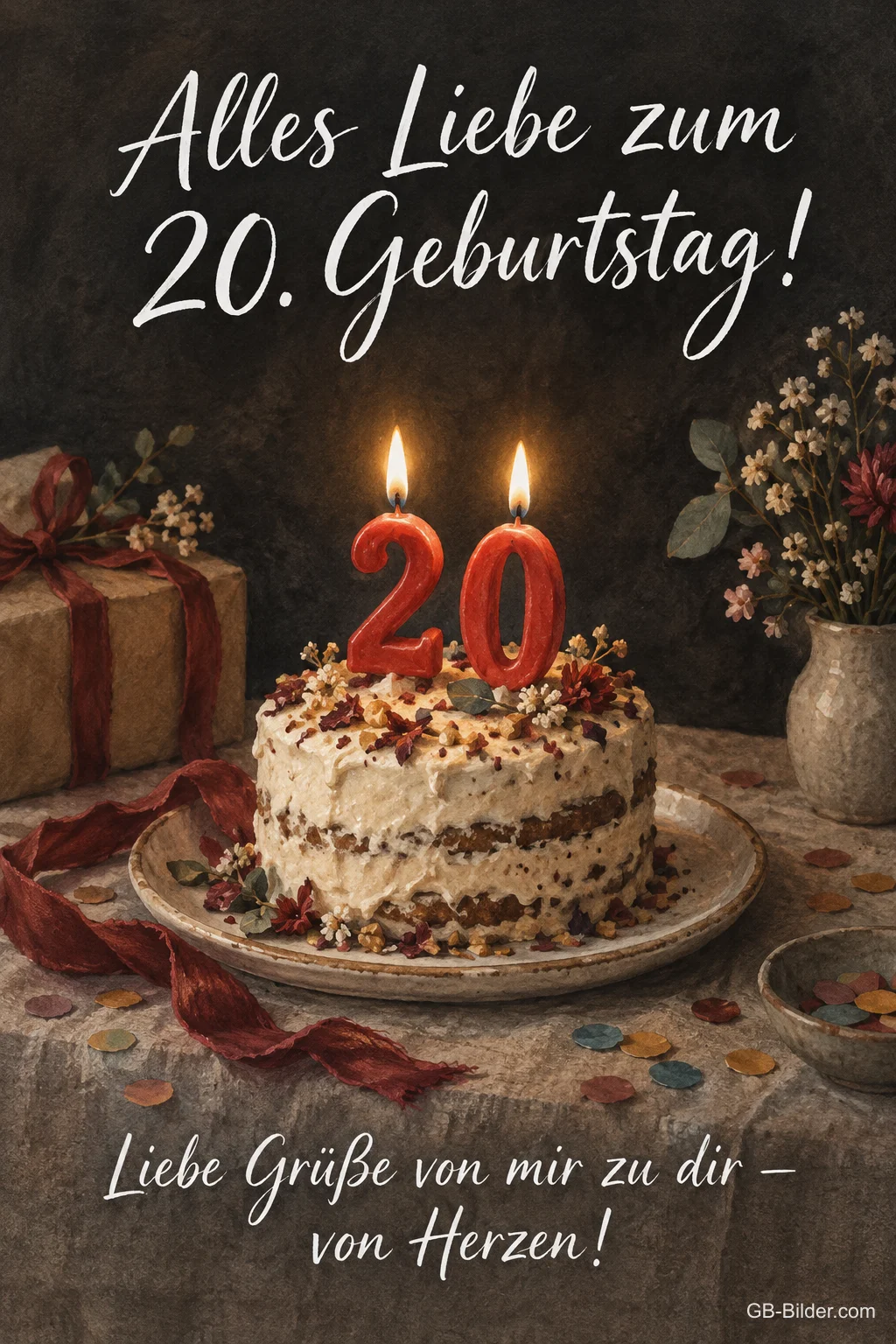 Torte mit roten 20-Kerzen, Text: Alles Liebe zum 20. Geburtstag! Liebe Grüße von Herzen! Torte mit roten 20-Kerzen, Text: Alles Liebe zum 20. Geburtstag! Liebe Grüße von Herzen!