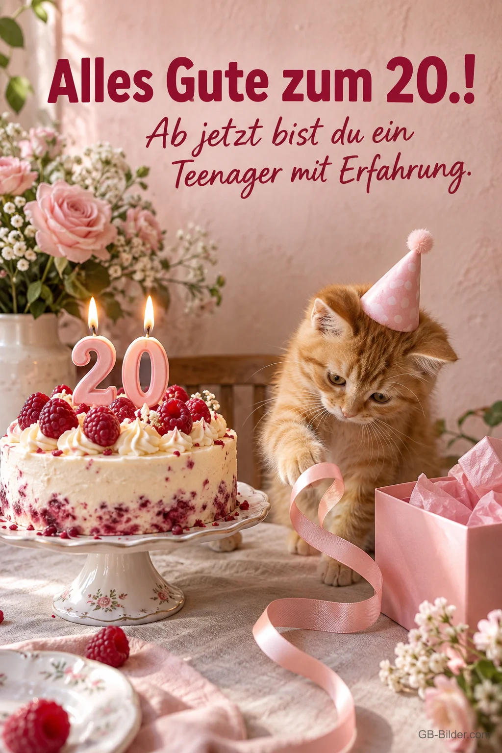 Kätzchen mit Partyhut neben Himbeertorte, Text: Alles Gute zum 20.! Ab jetzt bist du ein Teenager mit Erfahrung. Kätzchen mit Partyhut neben Himbeertorte, Text: Alles Gute zum 20.! Ab jetzt bist du ein Teenager mit Erfahrung.