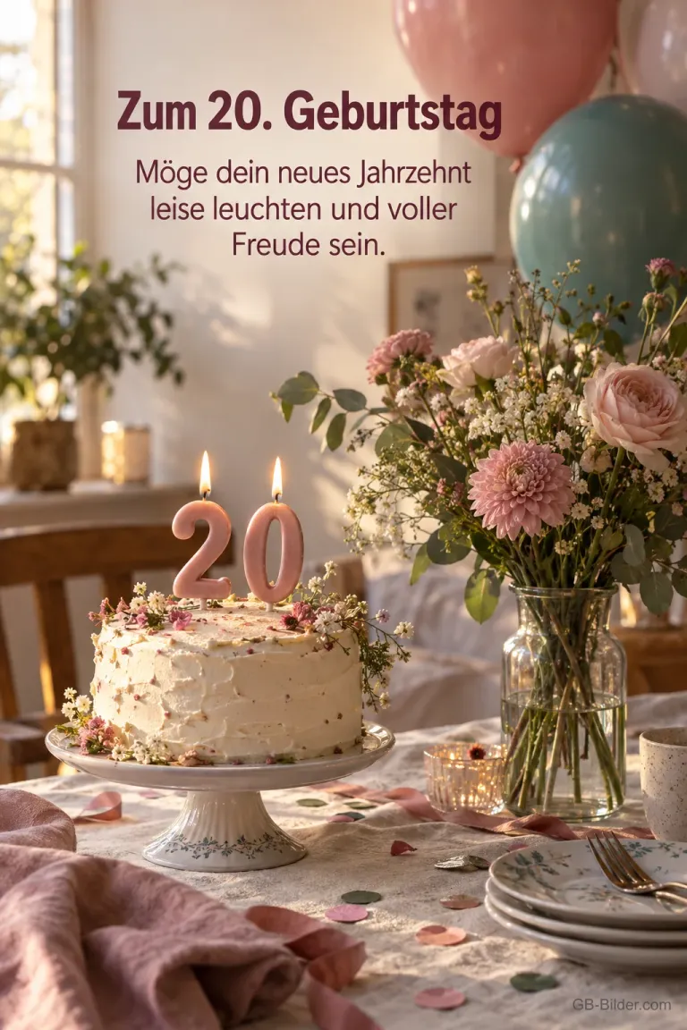 Torte mit 20-Kerzen und Blumen am Fenster, Text: Zum 20. Geburtstag