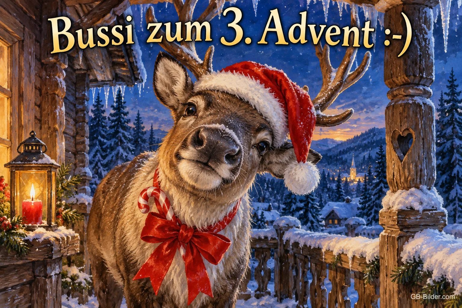 Rentier mit Weihnachtsmütze und Schleife schaut über ein verschneites Geländer, Text: Bussi zum 3. Advent :-) Rentier mit Weihnachtsmütze und Schleife schaut über ein verschneites Geländer, Text: Bussi zum 3. Advent :-)