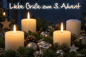 Vier weiße Kerzen auf Tannengrün, drei davon brennen, Text: Liebe Grüße zum 3. Advent