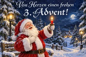 Lachender Weihnachtsmann hält eine brennende Kerze im verschneiten Park mit Laternen, Text: Von Herzen einen frohen 3. Advent!