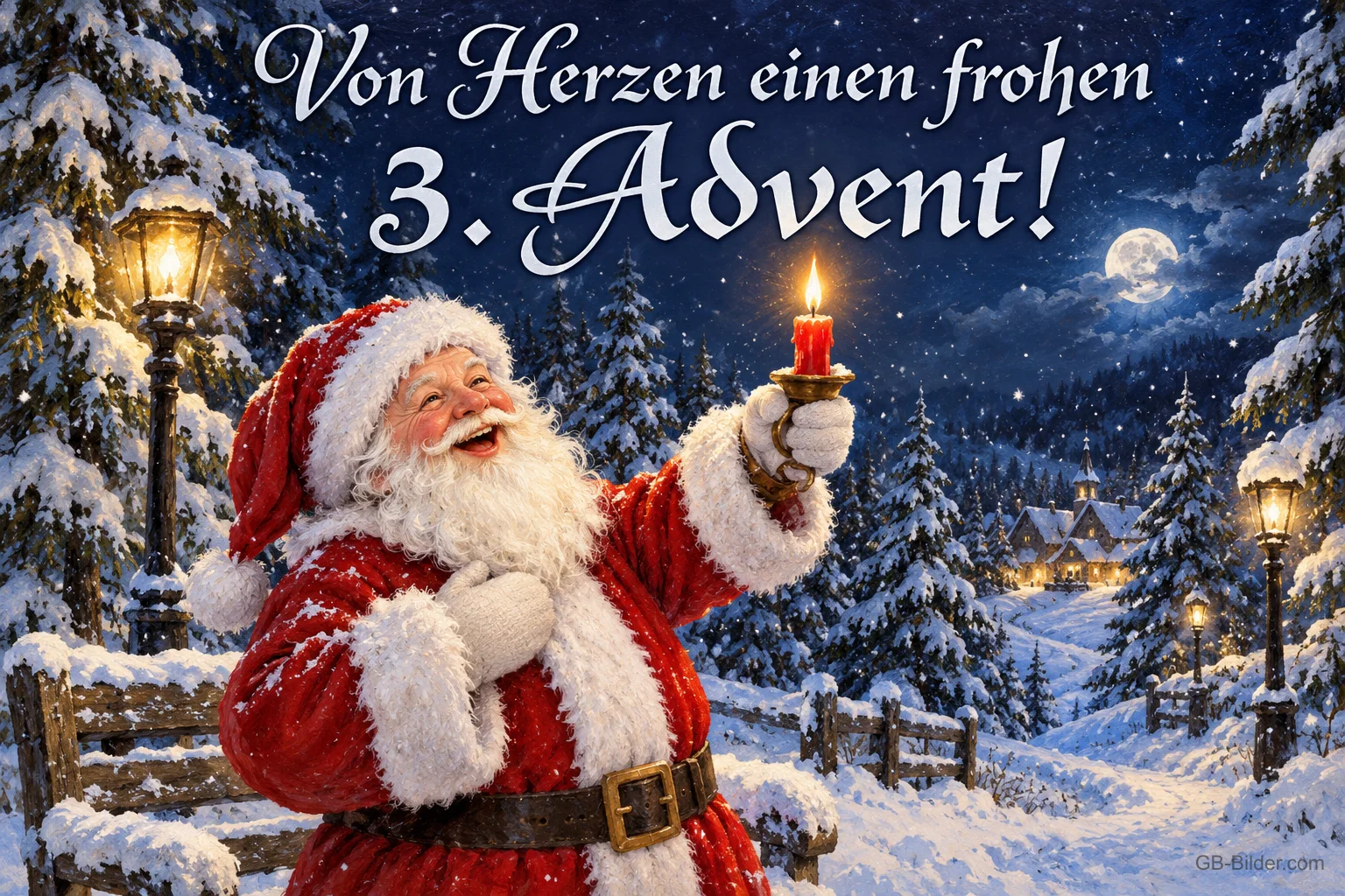 Lachender Weihnachtsmann hält eine brennende Kerze im verschneiten Park mit Laternen, Text: Von Herzen einen frohen 3. Advent! Lachender Weihnachtsmann hält eine brennende Kerze im verschneiten Park mit Laternen, Text: Von Herzen einen frohen 3. Advent!