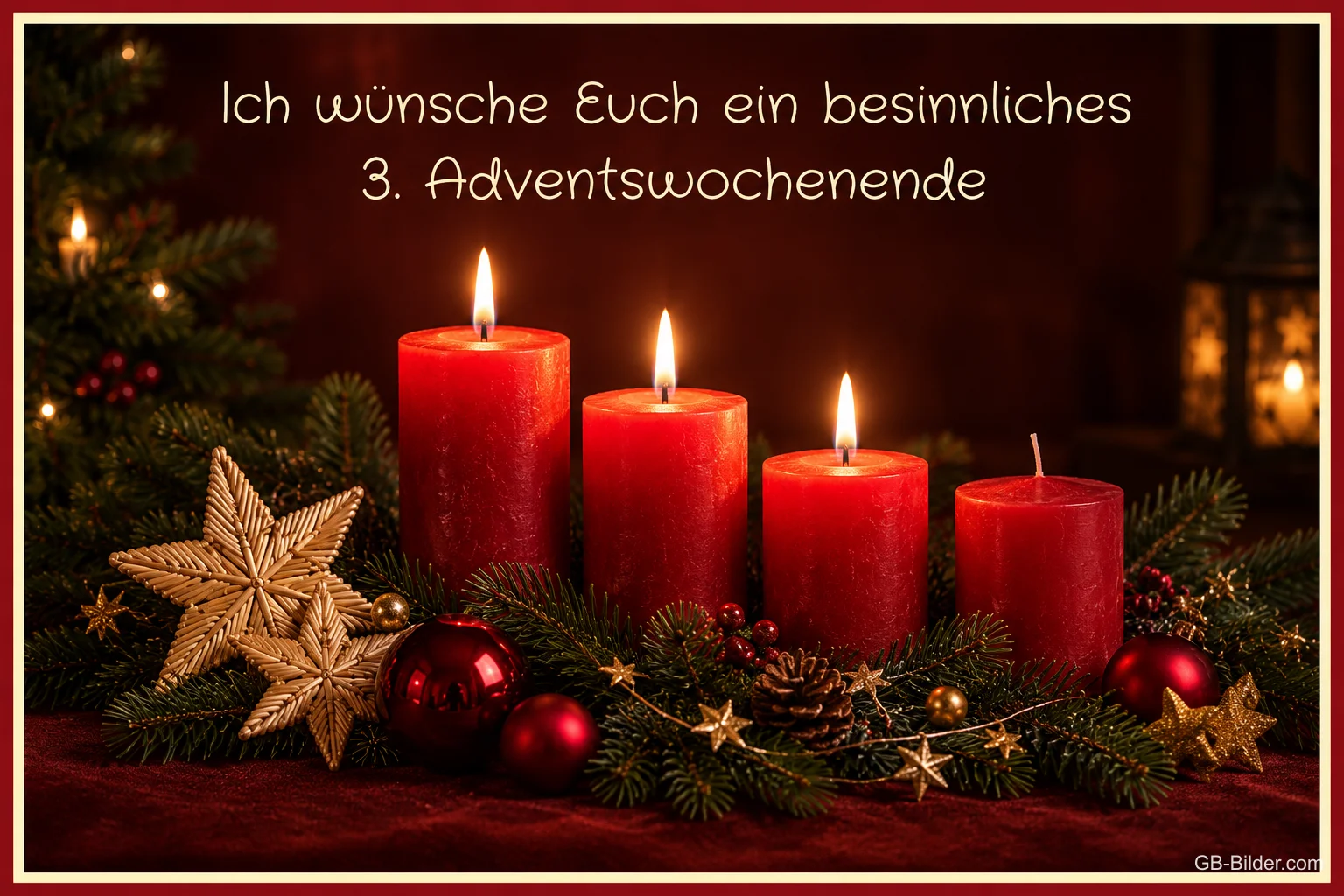 Adventskerzen mit Sternen, Text: Ich wünsche Euch ein besinnliches 3