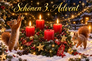 Zwei Eichhörnchen am Adventskranz mit vier Kerzen, drei brennen, Text: Schönen 3. Advent