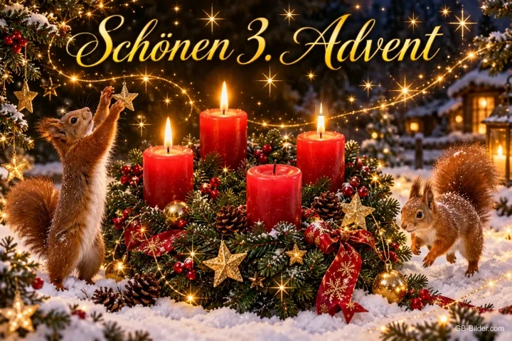 Zwei Eichhörnchen am Adventskranz mit vier Kerzen, drei brennen, Text: Schönen 3. Advent