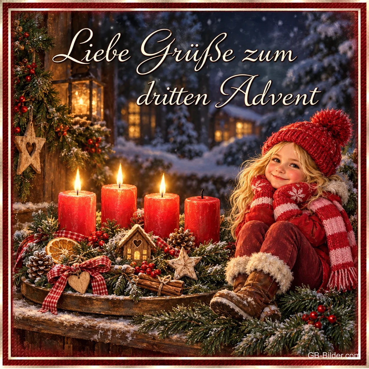 Mädchen mit Mütze und Schal sitzt neben vier Kerzen, drei brennen, Text: Liebe Grüße zum dritten Advent