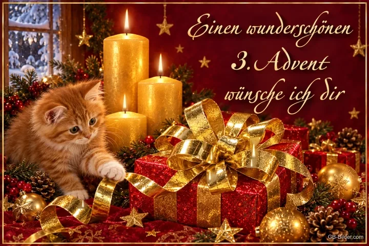 Kätzchen spielt mit goldenen Schleifen zwischen Geschenken und Kerzen, Text: Einen wunderschönen 3. Advent wünsche ich dir