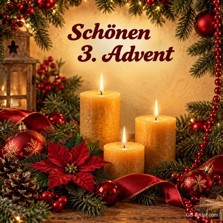Drei brennende Kerzen zwischen Weihnachtsstern und Kugeln, Text: Schönen 3. Advent Drei brennende Kerzen zwischen Weihnachtsstern und Kugeln, Text: Schönen 3. Advent
