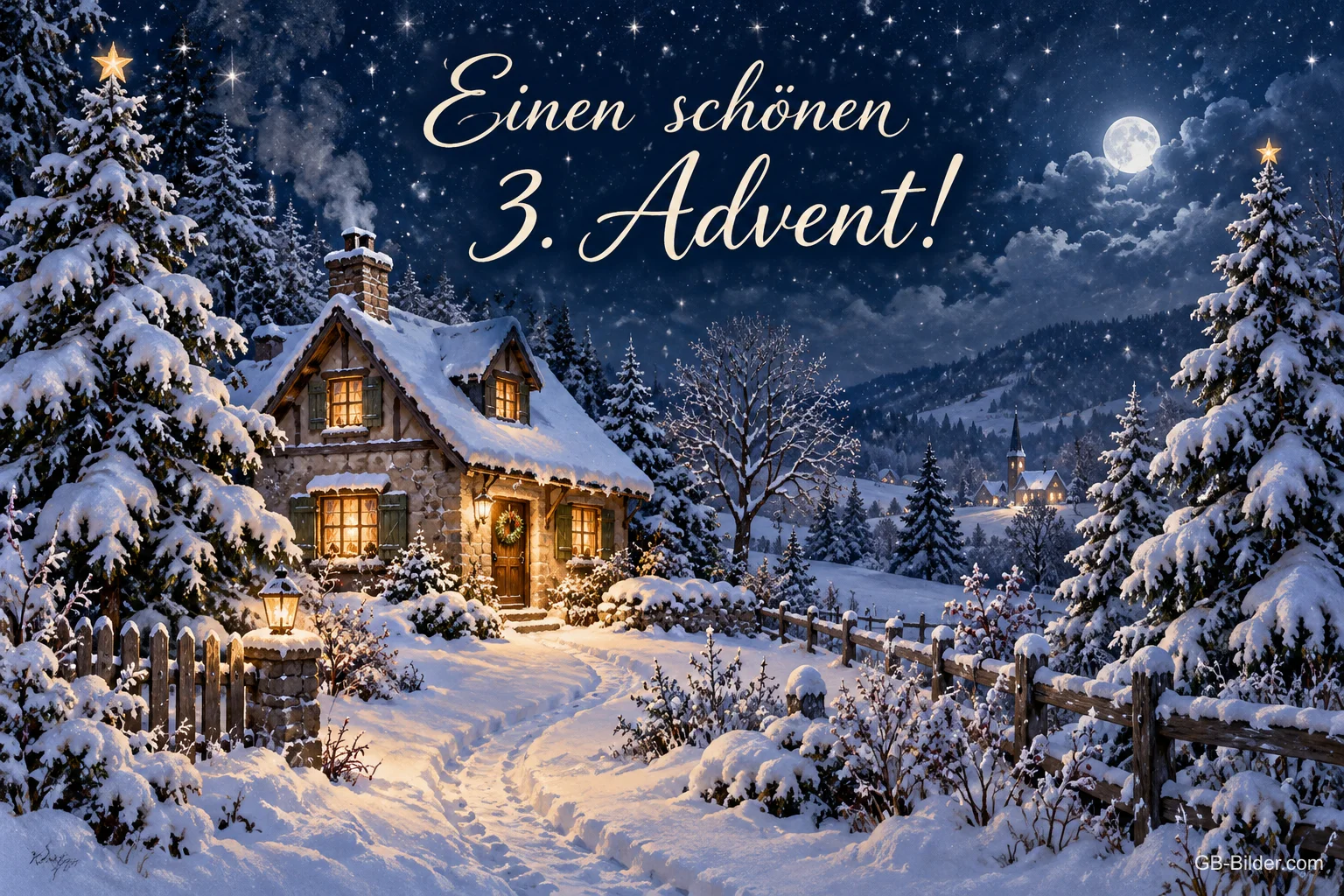Verschneites Haus mit leuchtenden Fenstern unter dem Mond, Text: Einen schönen 3. Advent! Verschneites Haus mit leuchtenden Fenstern unter dem Mond, Text: Einen schönen 3. Advent!
