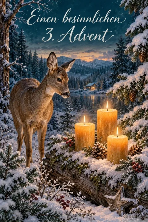 Reh steht neben drei brennenden Kerzen im verschneiten Wald, Text: Einen besinnlichen 3. Advent Reh steht neben drei brennenden Kerzen im verschneiten Wald, Text: Einen besinnlichen 3. Advent