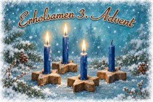 Vier blaue Kerzen auf Holzsternen im Schnee, drei davon brennen, Text: Erholsamen 3. Advent