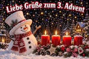 Schneemann mit Zylinder und Schal neben vier roten Kerzen, drei brennen, Text: Liebe Grüße zum 3. Advent
