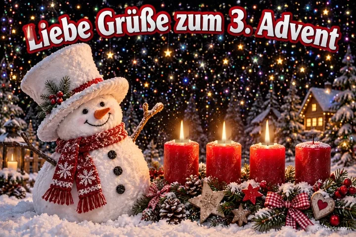 Schneemann mit Zylinder und Schal neben vier roten Kerzen, drei brennen, Text: Liebe Grüße zum 3. Advent