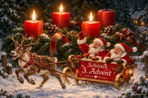 Zwei Weihnachtsmänner winken aus einem Rentierschlitten, vier rote Kerzen, drei brennen, Text: Schönen 3. Advent