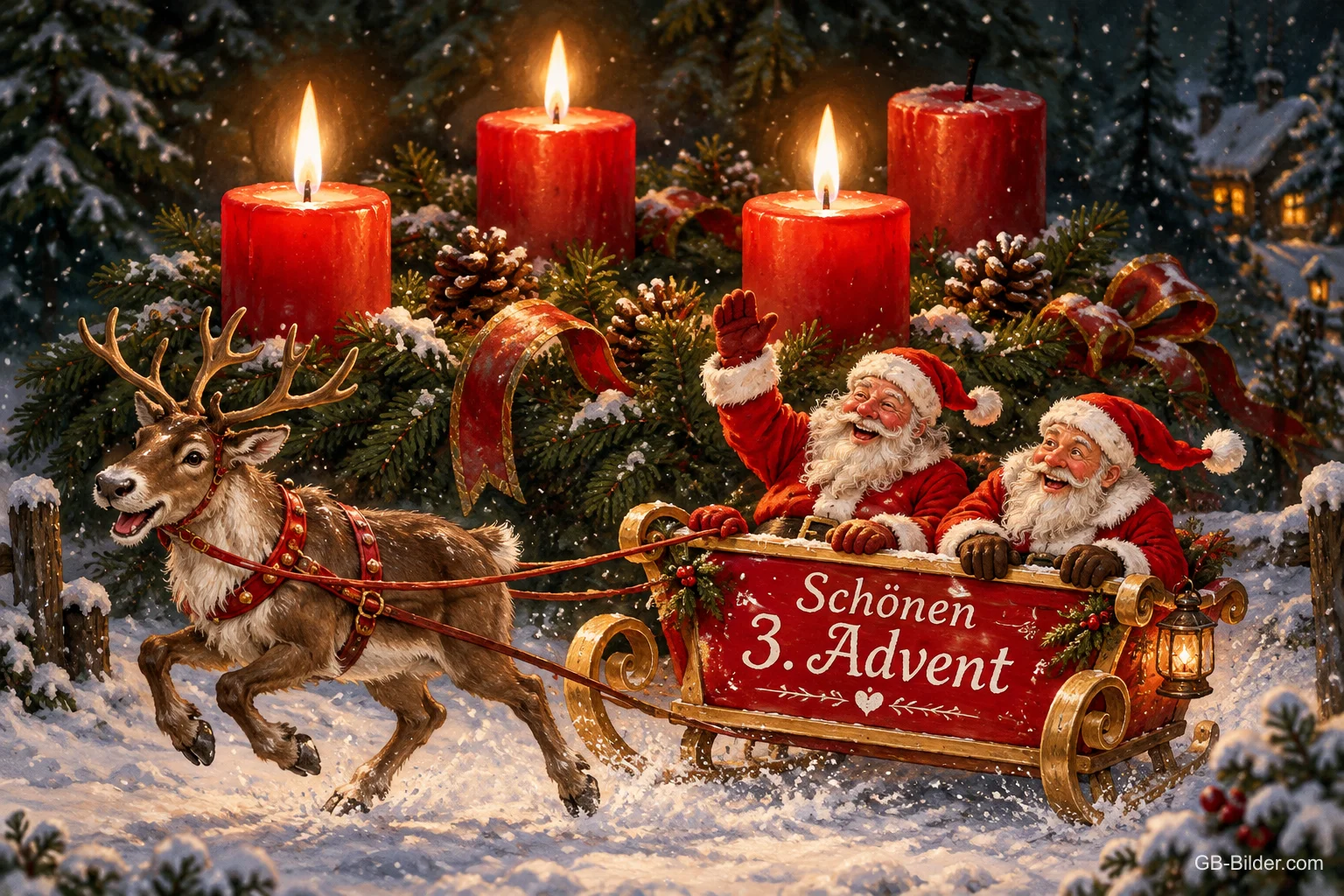Zwei Weihnachtsmänner winken aus einem Rentierschlitten, vier rote Kerzen, drei brennen, Text: Schönen 3. Advent Zwei Weihnachtsmänner winken aus einem Rentierschlitten, vier rote Kerzen, drei brennen, Text: Schönen 3. Advent