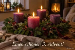 Adventskranz mit vier lila Kerzen, drei davon brennen, Text: Einen schönen 3. Advent!
