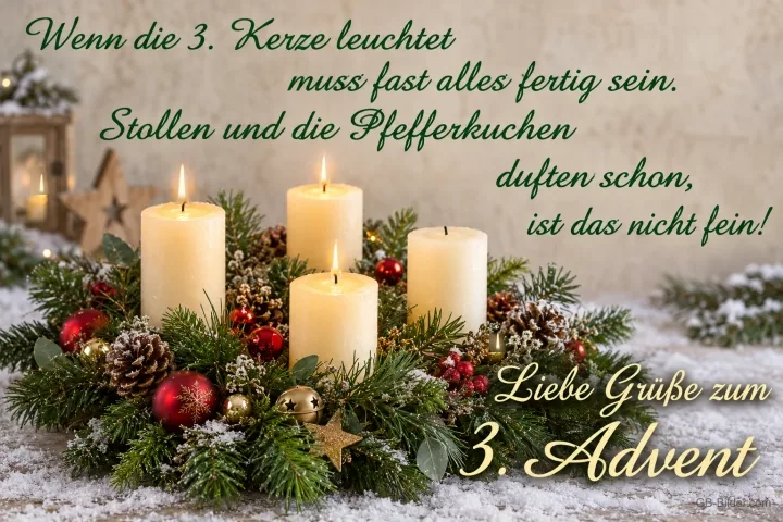 Adventsgesteck im Schnee, Text: Wenn die 3