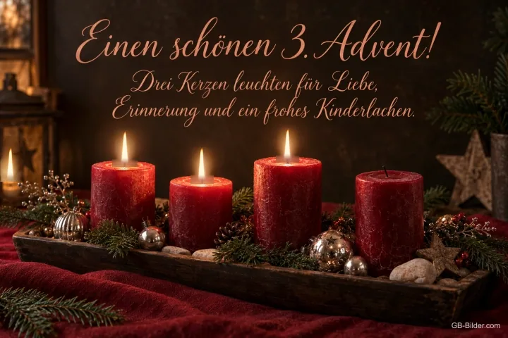 Vier rote Kerzen auf einem Holztablett, drei davon brennen, Text: Einen schönen 3. Advent! Drei Kerzen leuchten für Liebe, Erinnerung und ein frohes Kinderlachen. Vier rote Kerzen auf einem Holztablett, drei davon brennen, Text: Einen schönen 3. Advent! Drei Kerzen leuchten für Liebe, Erinnerung und ein frohes Kinderlachen.