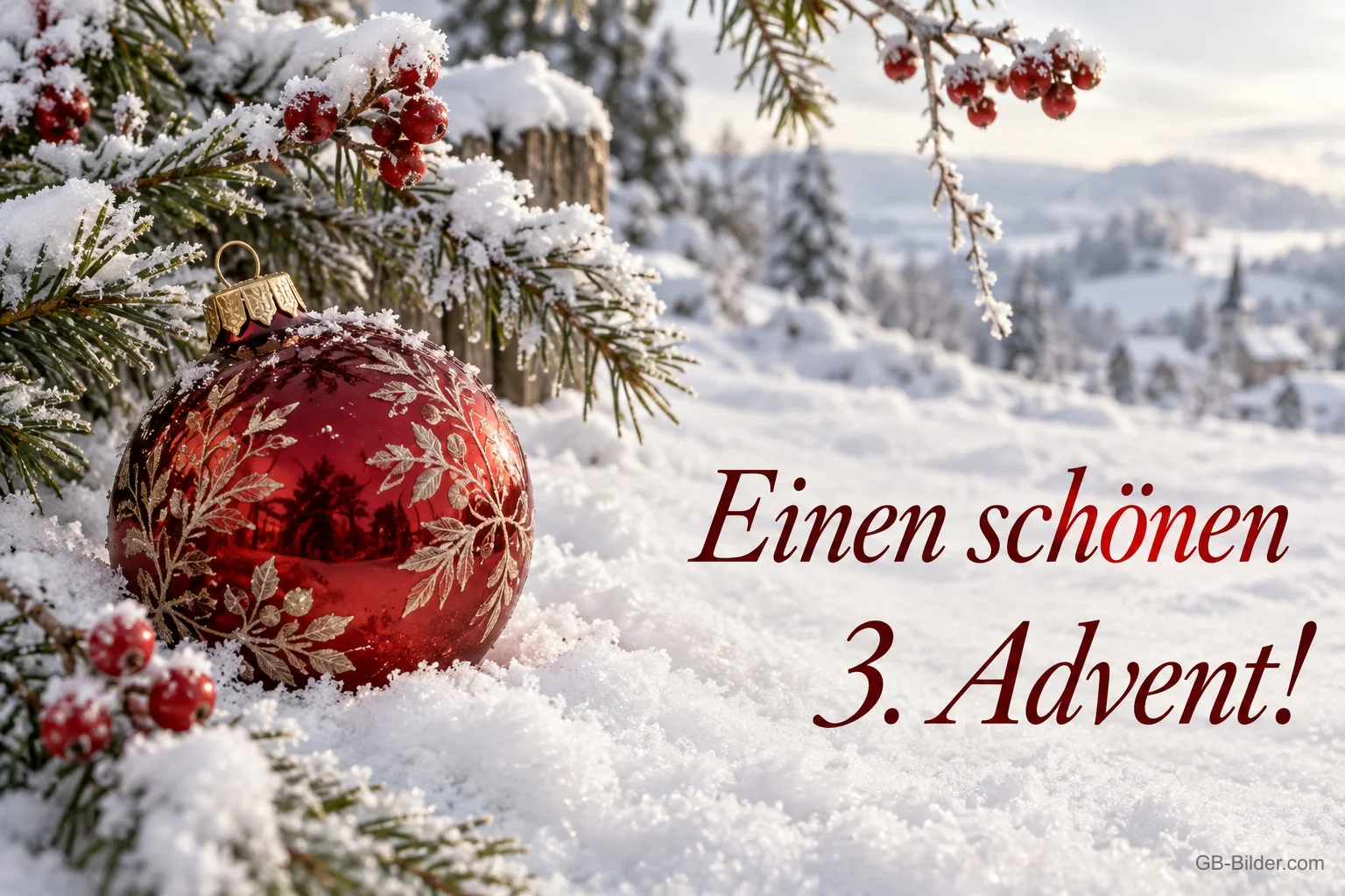 Rote Weihnachtskugel an verschneiten Tannenzweigen, Text: Einen schönen 3. Advent! Rote Weihnachtskugel an verschneiten Tannenzweigen, Text: Einen schönen 3. Advent!