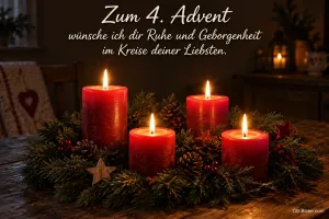 Vier brennende rote Kerzen im Adventskranz, Text: Zum 4. Advent – wünsche ich dir Ruhe und Geborgenheit im Kreise deiner Liebsten.