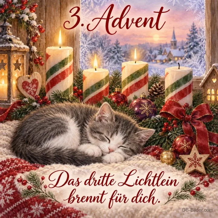 Kätzchen schläft vor vier gestreiften Kerzen, drei brennen, Text: 3. Advent – Das dritte Lichtlein brennt für dich. Kätzchen schläft vor vier gestreiften Kerzen, drei brennen, Text: 3. Advent – Das dritte Lichtlein brennt für dich.